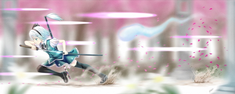 video, katana, short, weapons, multiscreen, thigh, youmu, touhou, games, band, swords, konpaku, anime, highs, white, 2K, hair