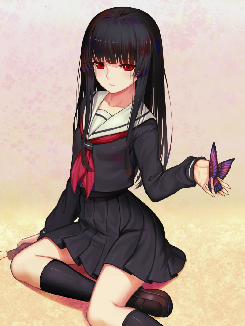 hairstyle, lifestyles, clothing, three quarter length, nature, fashion, anime girls, young adult, Enma Ai, leisure activity, full length, portrait, Jigoku Shoujo