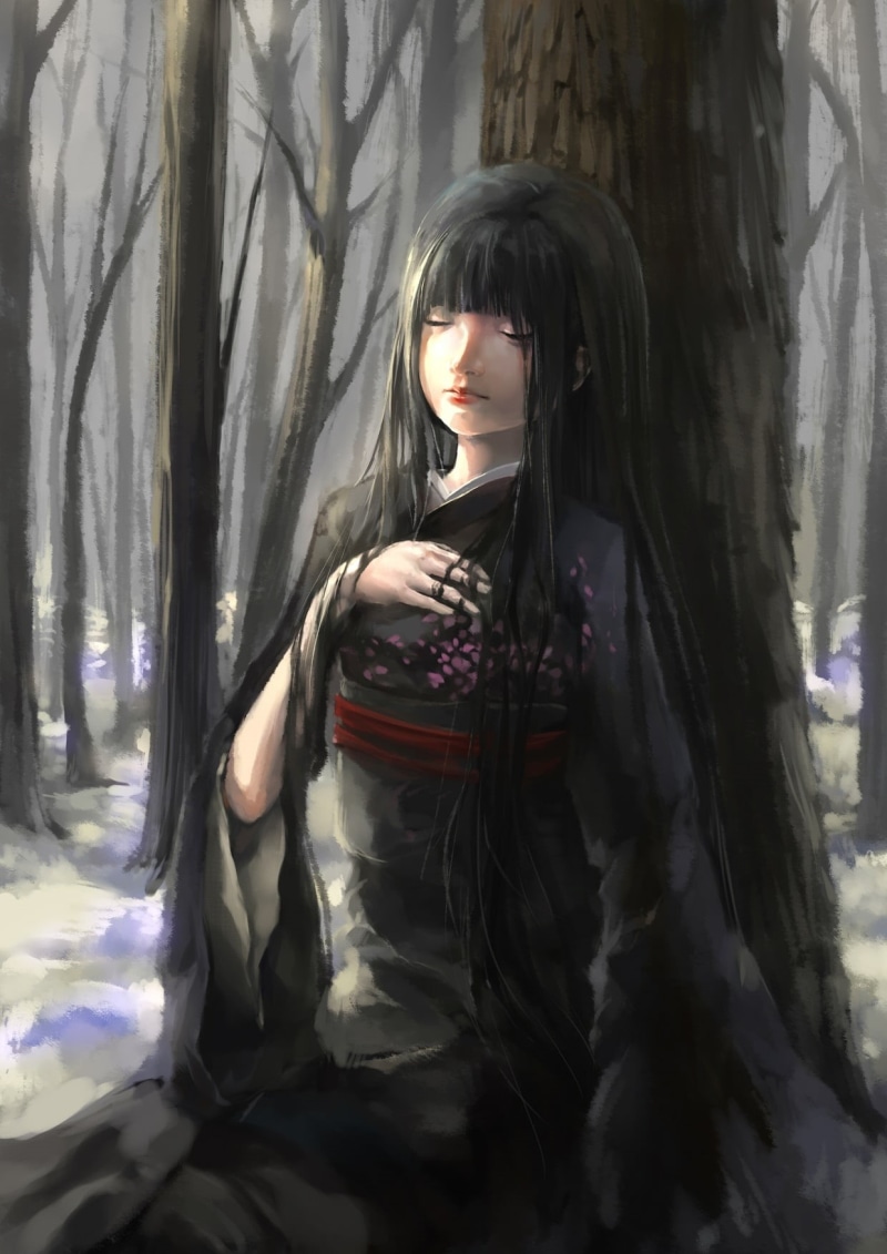 leisure activity, one person, women, young adult, looking at camera, day, portrait, Enma Ai, clothing, front view, real people, Jigoku Shoujo, beautiful woman