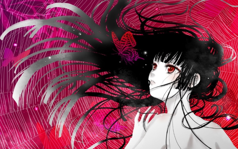 looking away, 1080P, Jigoku Shoujo, women, hairstyle, young women, lifestyles, portrait, red, leisure activity, one person, females, human body part, Enma Ai