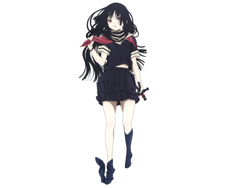 full length, leisure activity, Jigoku Shoujo, one person, digital composite, women, indoors, black color, females, lifestyles, white background, anime girls