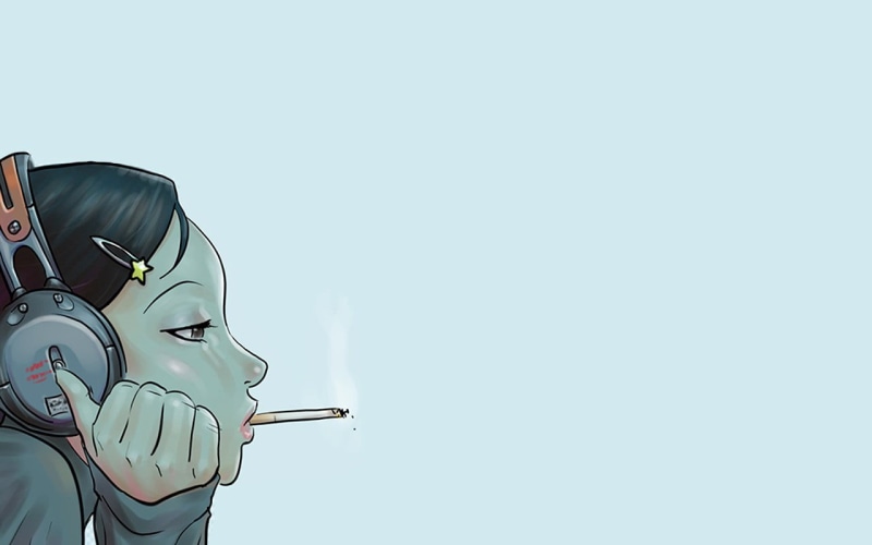 standing, artwork, studio shot, 720P, smoking, blue, day, white color, copy space, anime girls, cigarettes, headphones, human body part, glasses, eyeglasses