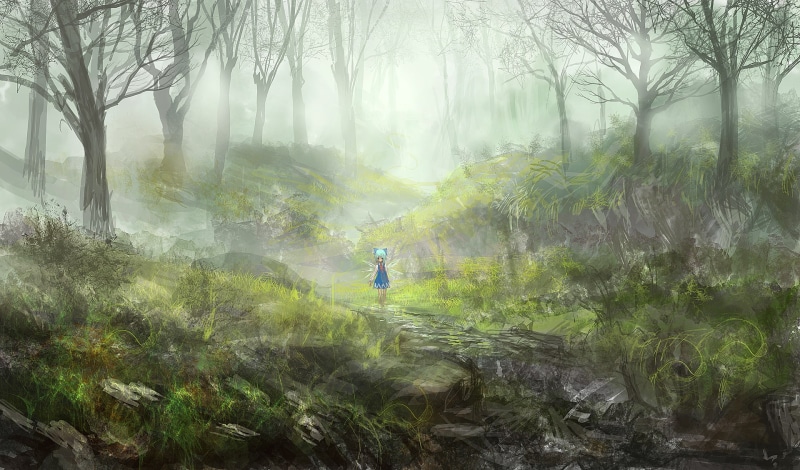 touhou, wings, op center, lm7, 1080P, scenic, tree, cirno, forest, dress