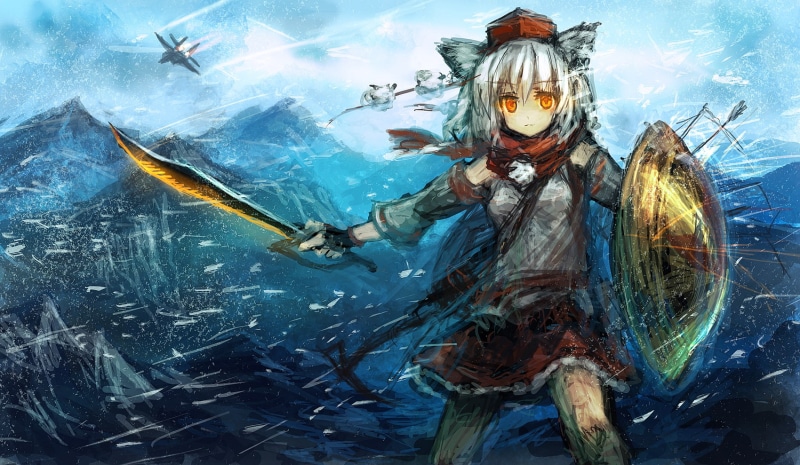 weapon, hair, sword, hat, aircraft, inubashiri, scarf, animal, tagme, touhou, short, white, 720P, snow, momiji, ears, op center, lm7