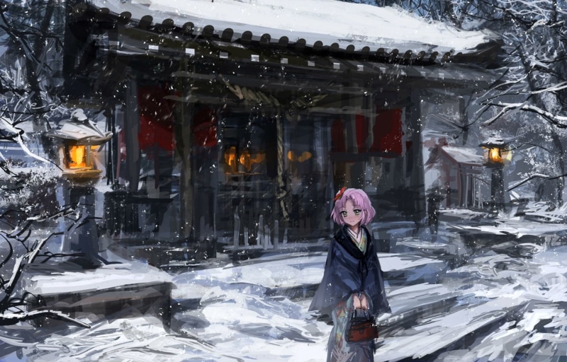 japanese, (op-center), clothes, tree, lm7, green, aikatsu!, snow, sakura, 720P, hair, bow, building, pink, kitaouji, eyes
