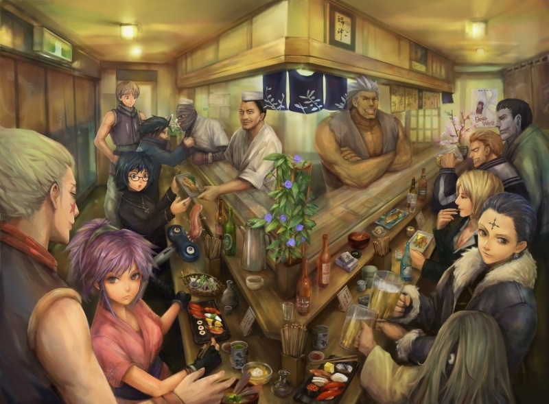 crowd, male likeness, creativity, illustration, x, lifestyles, Anime, women, indoors, food and drink, art and craft, drinking, drink, large group of people
