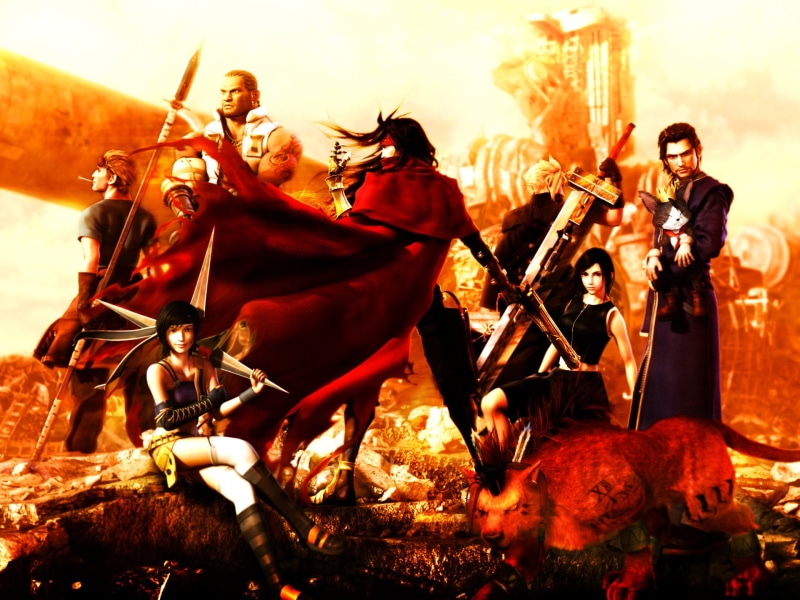 men, Reeve Tuesti, burning, music, adult, motion, musical instrument, fire, Vincent Valentine, Tifa Lockhart, orange color, Cloud Strife, Dirge of Cerberus: Final Fantasy VII