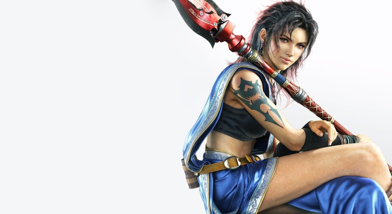 oerba yun fang, protection, young adult, copy space, yun, woman, fantasy, 1080P, emotion, white background, young women, red, spear, studio shot, final fantasy xiii