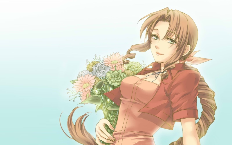 woman, gainsborough, 1080P, final, anime, brown, fantasy, white, character, hd, video games, aerith, flowers, haired, long