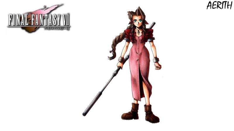 aerith, studio shot, Aerith Gainsborough, white background, holding, domestic animals, vii, pets, video games, portrait, indoors, sword, full length, Final Fantasy