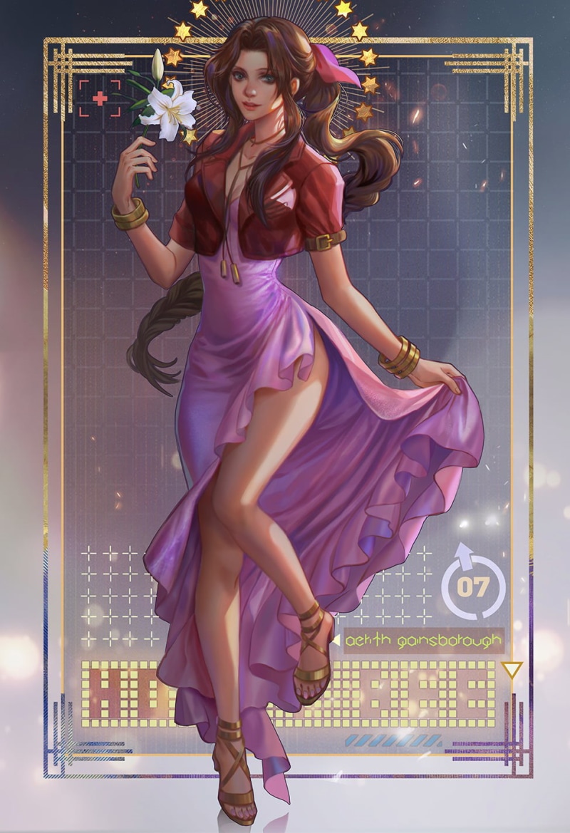 Final Fantasy VII, drawing, hair accessories, 720P, Jiuge, long hair, frame, pink clothing, women, Aerith Gainsborough, flowers, brunette, dress