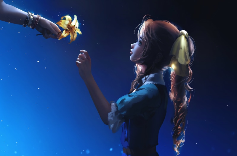 flowers, artwork, digital art, anime girls, Final Fantasy, blue background, video game girls, brunette, Aerith Gainsborough, long hair, 2K, digital painting