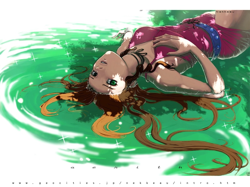 Aerith Gainsborough, Long Hair, Green Eyes, Anime, Water, Final Fantasy VII, Final Fantasy, Lying Down, 1080P, Girl