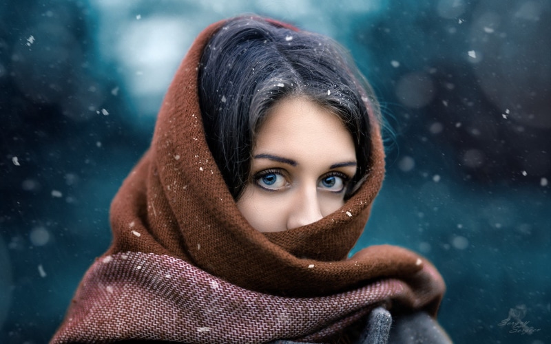 women outdoors, scarf, looking at camera, Sergey Sergeev, snowflakes, snowing, brunette, snowflake, warm clothing, adult, black hair, body part, one person
