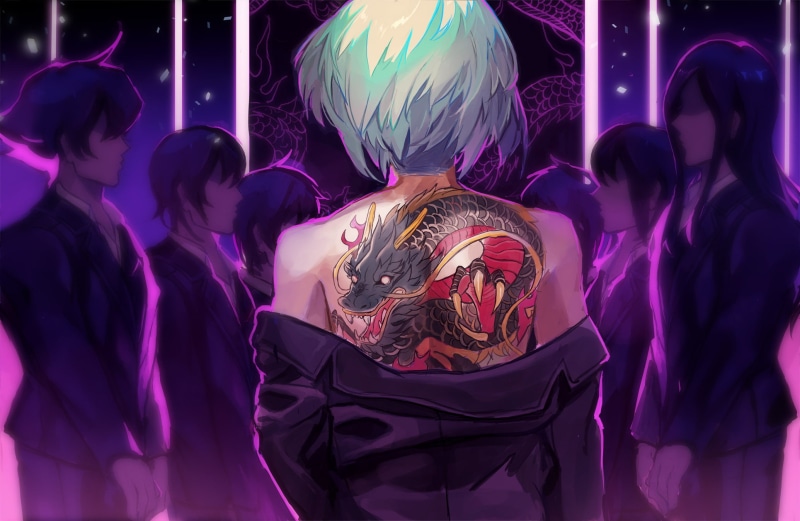 blonde, tattoo, short hair, 1080P, anime, tuxedo, yakuza, anime girls