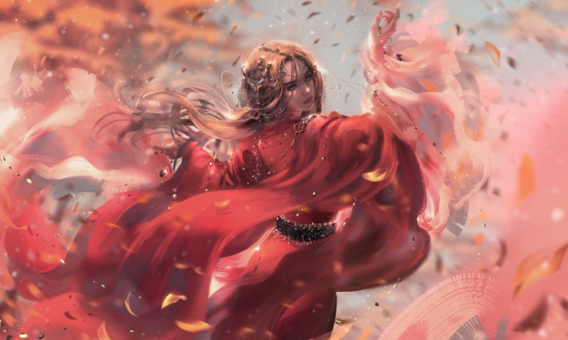 Nixeu, artwork, League of Legends, leaves, digital painting, Irelia, video game girls, digital art, fan art, wavy hair, 1080P, red dress