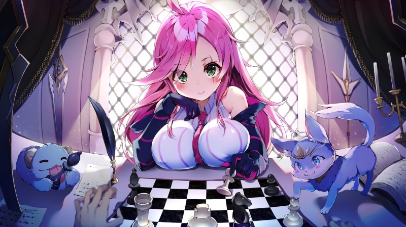 feathers, pink hair, green eyes, 1080P, tie, long hair, paper, League of Legends, blush, gloves, Irelia