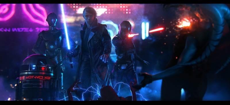 digital composite, R2-D2, lightsaber, Star Wars, 1080P, nightclub, panoramic, city, arts culture and entertainment, rock music, auto post production filter