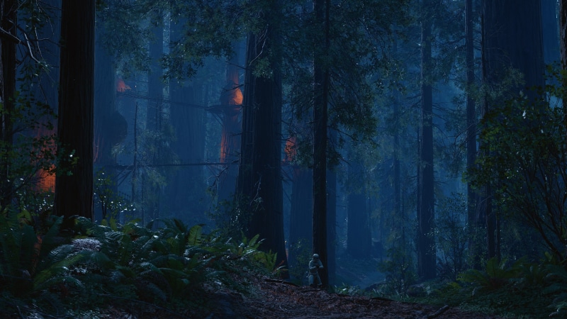 tranquil scene, woodland, tree, trunk, tree trunk, no people, video games, Star Wars, stormtrooper, Battle of Endor, idyllic, Endor, non-urban scene, scenics - nature