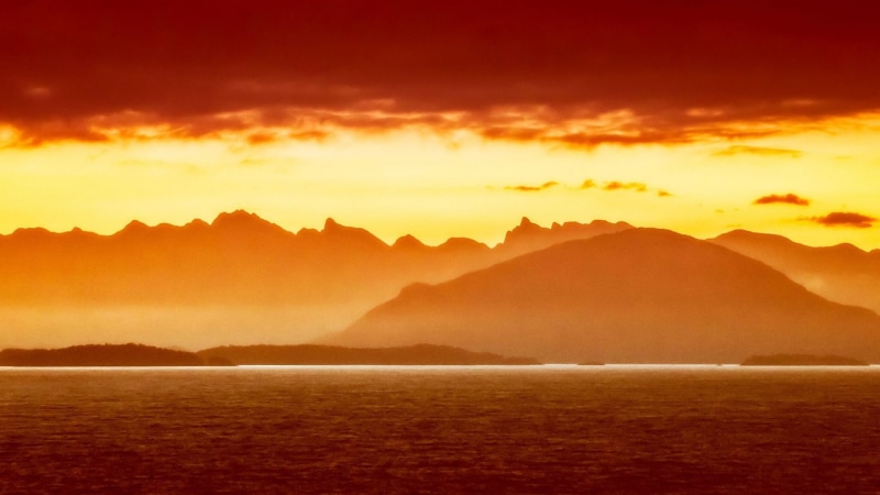 mountain range, island, travel destinations, outdoors, 1080P, tranquility, tranquil scene, sky, orange color, landscape, nature, sea, scenics - nature