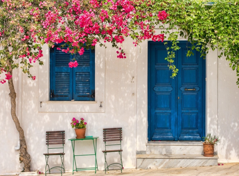 Afternoon, freshness, Tree, door, building exterior, Table, window, Lefkes, Travel, outdoors, traditional, closed, flowering plant, built structure, window box