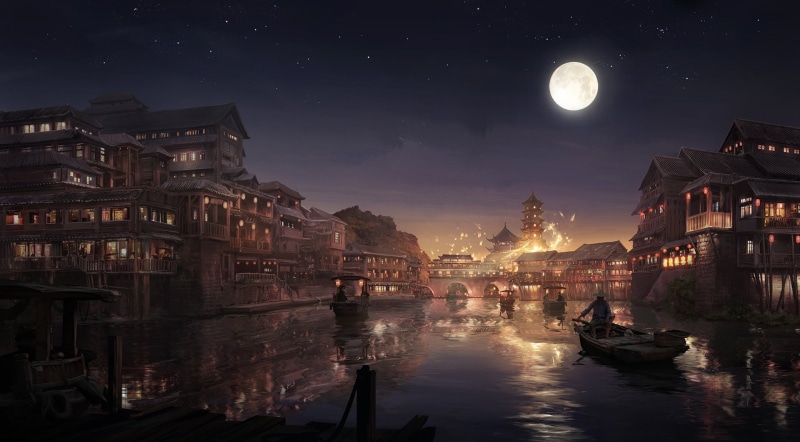 1080P, river, water, passenger craft, city, mode of transportation, moonlight, nautical vessel, full moon, digital composite, outdoors, building exterior