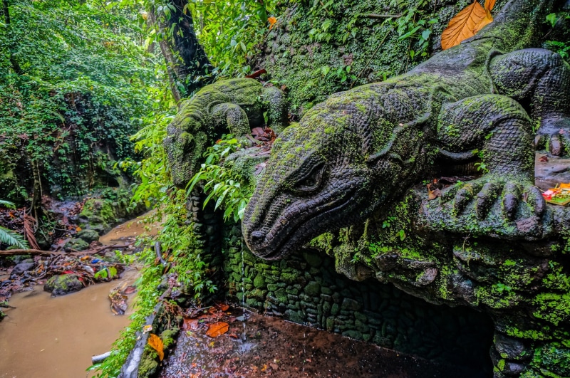 Ubud, statues, Bali, Ubud Monkey Forest, Indonesia, forest, 1080P, river, Monkey forest, reserve, Statue of a Komodo dragon