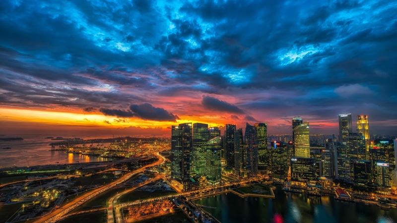 building exterior, built structure, landscape, no people, building, clouds, sky, 4K, panoramic, sunset, cloud - sky, office building exterior, water, illuminated