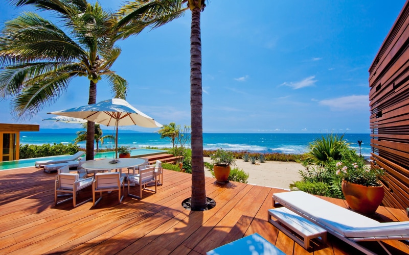 piece, set, tropical, seat, sand, outdoors, nature, palm tree, sea, trip, sunlight, plants, wooden floor, wooden, land, 1080P, summer, patio, tropical climate