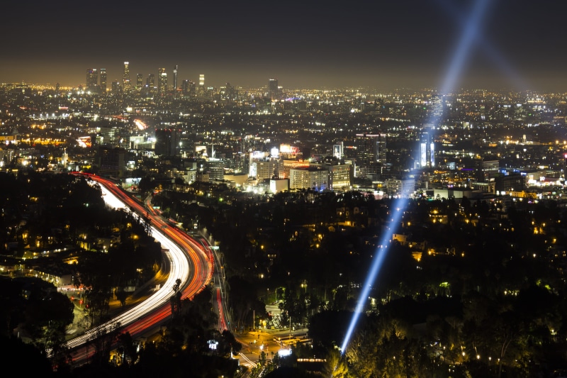 light trail, downtown los angeles, building, skyscraper, mulholland drive, travel destinations, modern, road, cityscape, long exposure, transportation