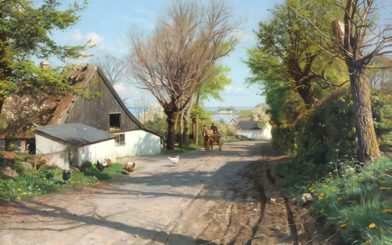 Spring morning in the village with views of the Roskilde fjo, overlooking Roskilde Fjord, A spring morning in the village, Peder Mørk Mønsted, Danish painter