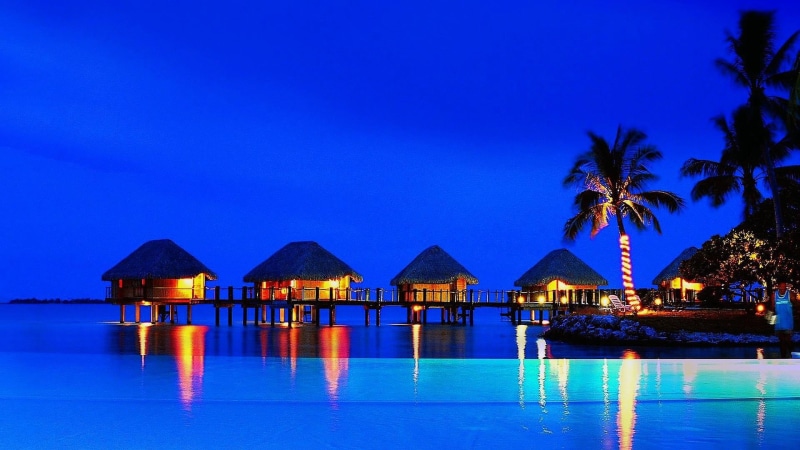 architecture, tourist resort, tranquil scene, travel destinations, exotic, tropics, illuminated, summertime, pool, sky, reflection, tropical climate, nature