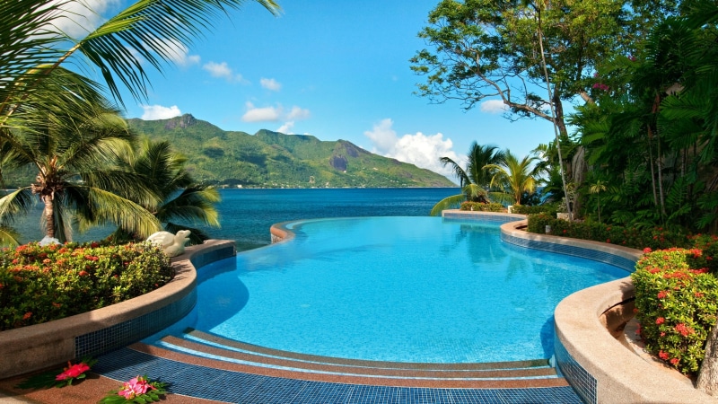 hotel, resort, panorama, estate, water, summer, vacation, resort town, leisure, swimming pool, tropics, nature, seychelles, view, sky, 4K