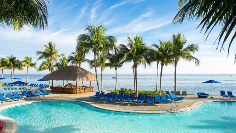 resort town, caribbean, vacation, swimming pool, tourism, sea, tree, tropics, leisure, resort, palm tree, sky, 1080P