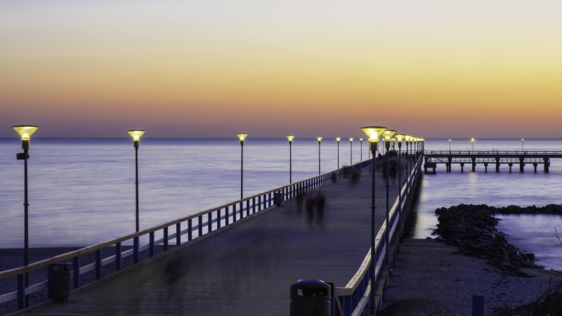 sunset, idyllic, wooden bridge, sunset sky, lithuania, no people, evening, people, beauty in nature, railing, water, baltic sea, coast, long, palanga, street light