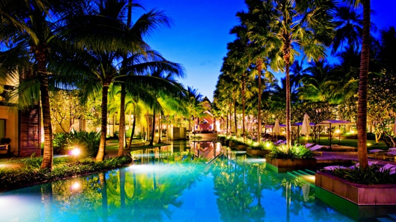 luxury, ornamental garden, plant, reflection, tree, swimming pool, no people, sky, asia, wealth, resort town, illuminated, nature, water, tourist resort