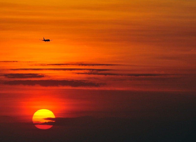 transportation, dramatic sky, mid-air, 2K, airplane, mode of transportation, soleil, no people, nature, jimbaran, sunset, hour, aerospace industry, travel