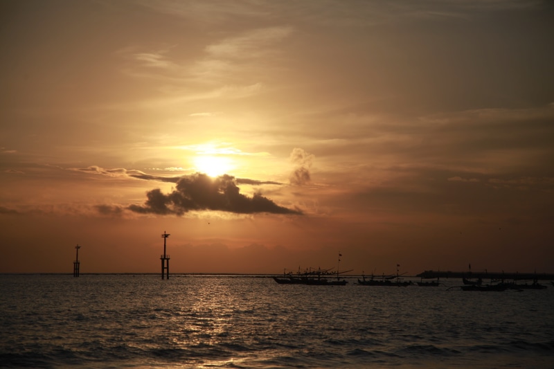 cloud - sky, sky, transportation, beauty in nature, bali, tranquil scene, idyllic, mode of transportation, sunset, silhouette, 5K, outdoors, no people