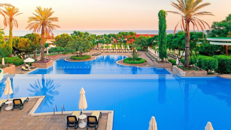 arecales, swimming pool, vacation, leisure, antalya, recreation, 4K, belek, palm tree, estate, water, turkey, tourism, resort, turkish riviera