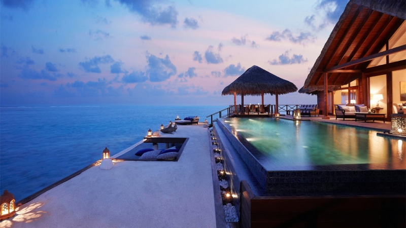 sky, villa, illuminated, scenics - nature, indian ocean, luxury, architecture, trip, travel destinations, infinity pool, ocean, nature, electric lamp, exotic