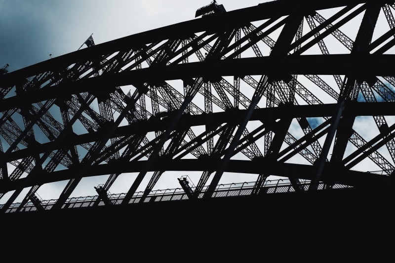 architecture, low angle view, dusk, minimalism, cloud - sky, connection, metal, 4K, bridge, no people, silhouette, day, built structure, pattern, girder
