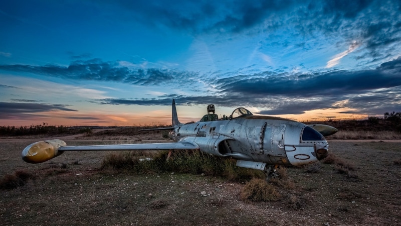 scenics - nature, military aircraft, wreck, dusk, no people, gray, landscape, ruined, 1080P, rusty, jet fighter, nature, deterioration, cloud - sky, abandoned