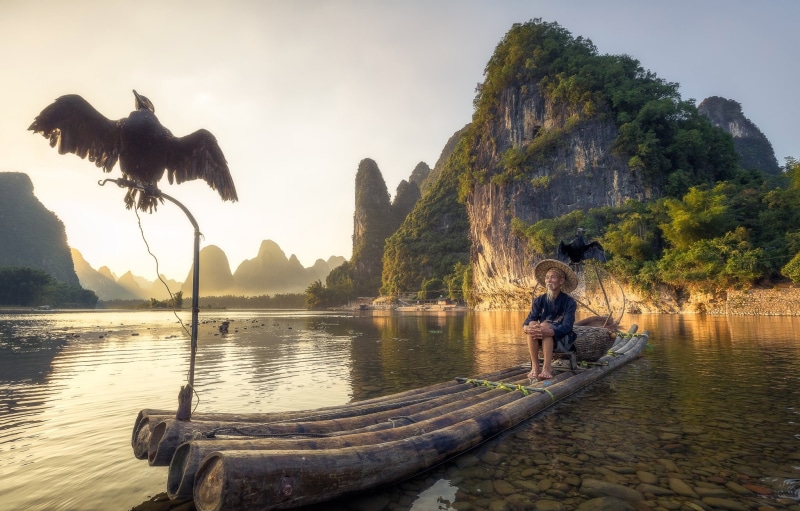 lake, mountains, boat, Guangxi, fisherman, China, bird, 1080P