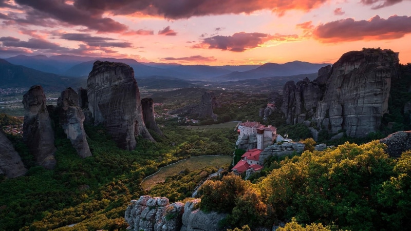 meteora, tranquility, monastery, rock, rock formation, sky, tourist attraction, environment, landscape, beauty in nature, tranquil scene, non-urban scene