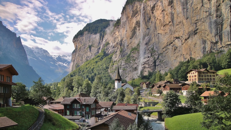 4K, cloud - sky, residential district, waterfall, tourism, mountain village, town, fall, hill station, tourist attraction, beauty in nature, city, outdoors