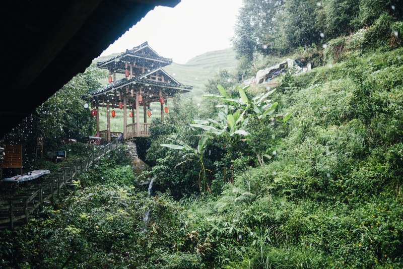 tree, travel destinations, asia, guilin, architecture, mountain, day, land, built structure, rain, growth, pagoda, tourism, plant, 1080P, travel, connection