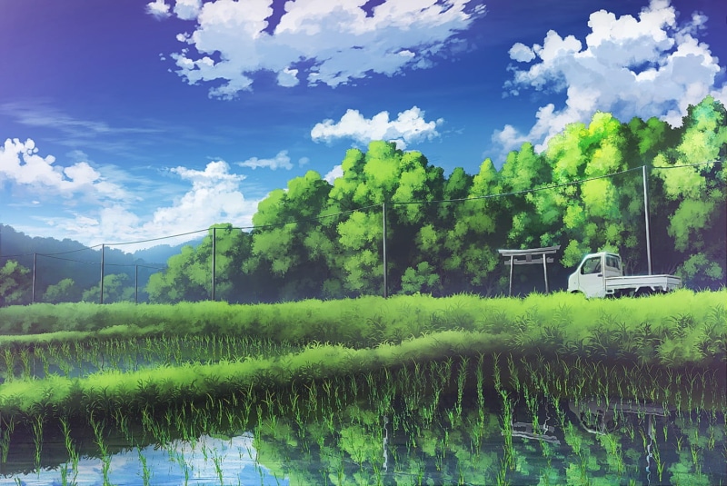 environment, tranquility, green color, day, crop, scenics - nature, painting, rural scene, rice paddy, tree, clouds, agriculture, land, sky, no people