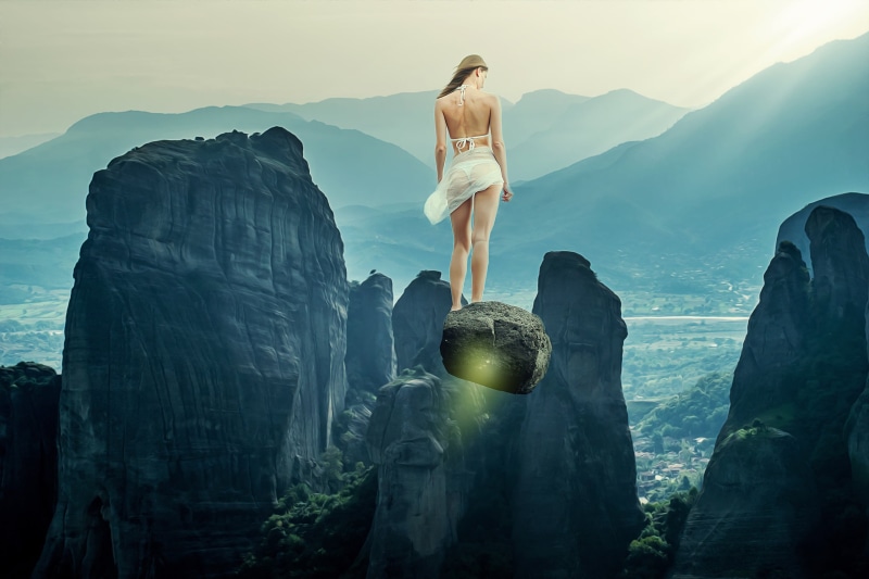 standing, rock, dress, fantasy, illustration, fog, feet, nature, full length, hairstyle, rear view, non-urban scene, fiction, scenics - nature, rocks, flight