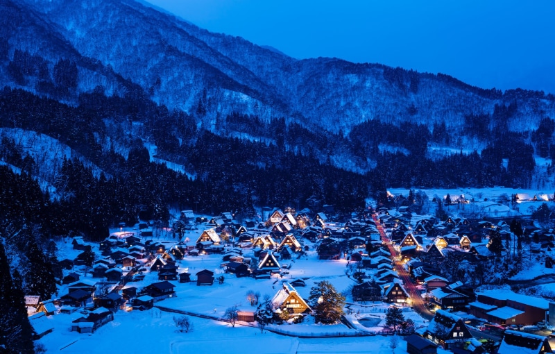 mountains, home, non-urban scene, snow, mountain range, scenics - nature, architecture, blue, outdoors, overview, cold temperature, black, high angle view