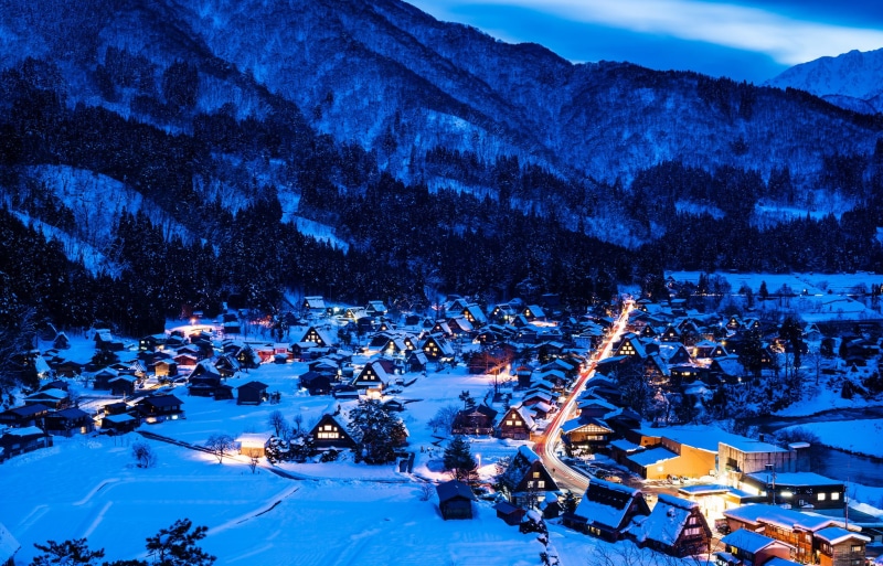 high angle view, no people, built structure, plant, mountains, white, night, valley, winter, Japan, mountain, home, landscape, Gokayama, snowcapped mountain